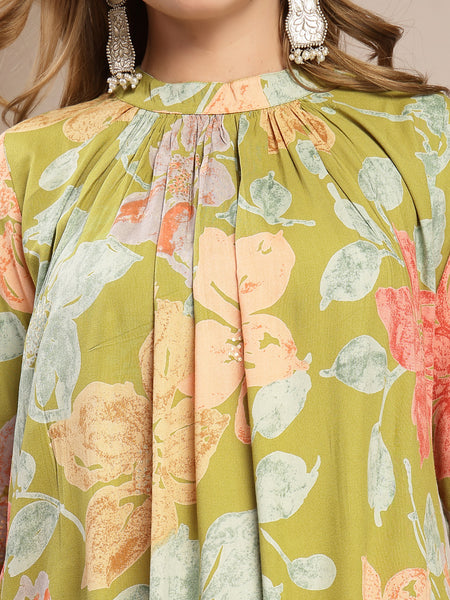 Gulmohar Jaipur Rayon Calf Length Printed 3/4 Sleeve Band Collar Flared Kurta Suit Set