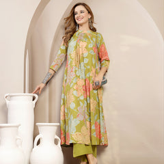 Gulmohar Jaipur Rayon Calf Length Printed 3/4 Sleeve Band Collar Flared Kurta Suit Set