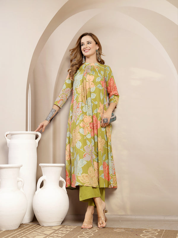 Gulmohar Jaipur Rayon Calf Length Printed 3/4 Sleeve Band Collar Flared Kurta Suit Set