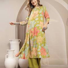 Gulmohar Jaipur Rayon Calf Length Printed 3/4 Sleeve Band Collar Flared Kurta Suit Set