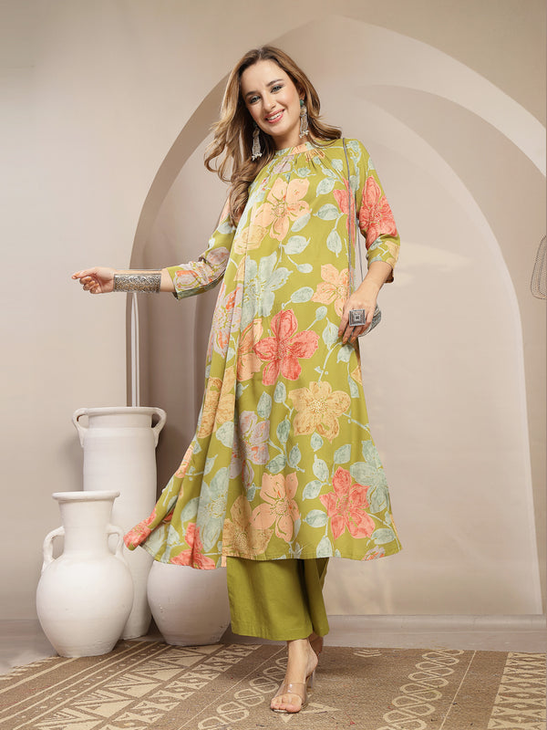 Gulmohar Jaipur Rayon Calf Length Printed 3/4 Sleeve Band Collar Flared Kurta Suit Set