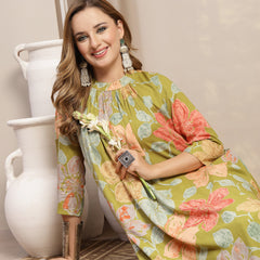 Gulmohar Jaipur Rayon Calf Length Printed 3/4 Sleeve Band Collar Flared Kurta Suit Set