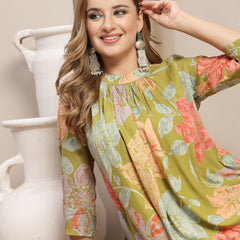 Gulmohar Jaipur Rayon Calf Length Printed 3/4 Sleeve Band Collar Flared Kurta Suit Set