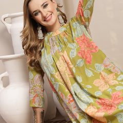 Gulmohar Jaipur Rayon Calf Length Printed 3/4 Sleeve Band Collar Flared Kurta Suit Set