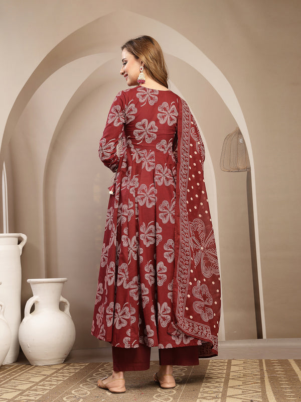 Gulmohar Jaipur Cotton Calf Length Printed 3/4 Sleeve V-Neck Flared Kurta Suit Set