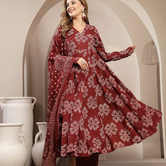 Gulmohar Jaipur Cotton Calf Length Printed 3/4 Sleeve V-Neck Flared Kurta Suit Set