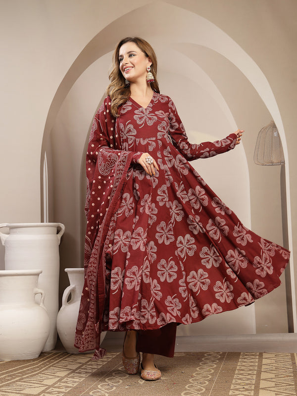 Gulmohar Jaipur Cotton Calf Length Printed 3/4 Sleeve V-Neck Flared Kurta Suit Set