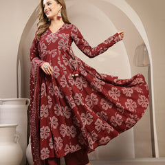 Gulmohar Jaipur Cotton Calf Length Printed 3/4 Sleeve V-Neck Flared Kurta Suit Set