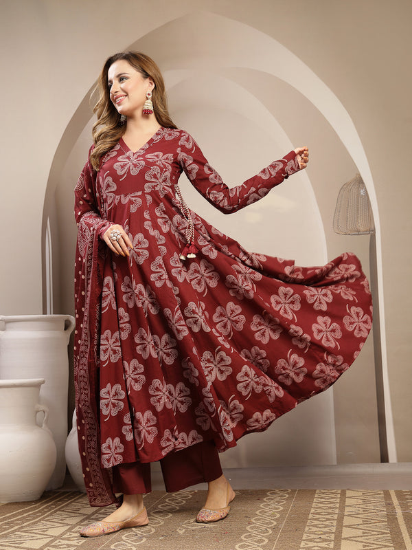 Gulmohar Jaipur Cotton Calf Length Printed 3/4 Sleeve V-Neck Flared Kurta Suit Set