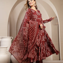 Gulmohar Jaipur Cotton Calf Length Printed 3/4 Sleeve V-Neck Flared Kurta Suit Set