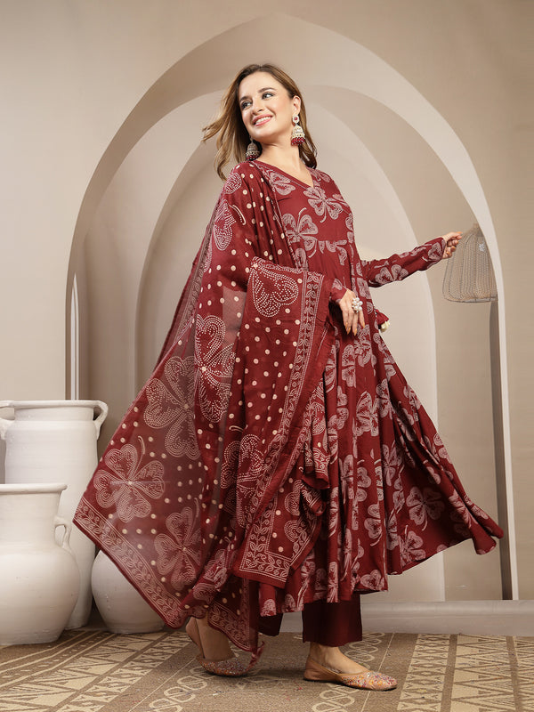 Gulmohar Jaipur Cotton Calf Length Printed 3/4 Sleeve V-Neck Flared Kurta Suit Set