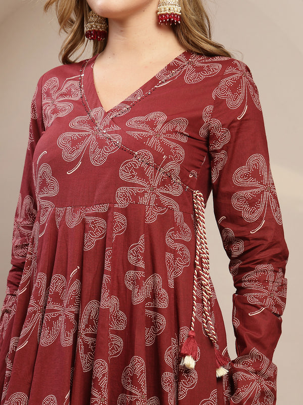 Gulmohar Jaipur Cotton Calf Length Printed 3/4 Sleeve V-Neck Flared Kurta Suit Set