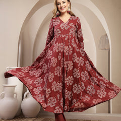 Gulmohar Jaipur Cotton Calf Length Printed 3/4 Sleeve V-Neck Flared Kurta Suit Set