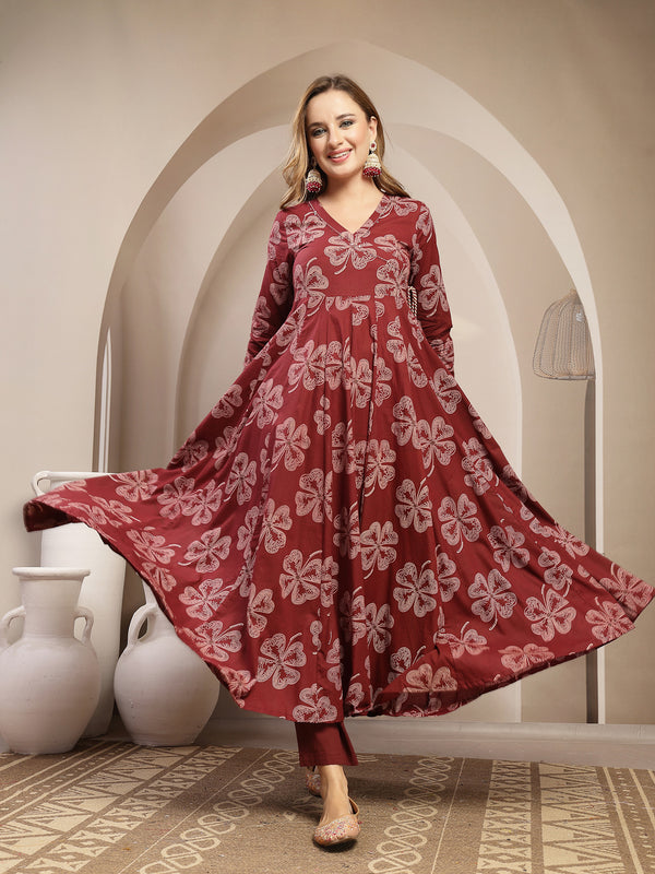Gulmohar Jaipur Cotton Calf Length Printed 3/4 Sleeve V-Neck Flared Kurta Suit Set