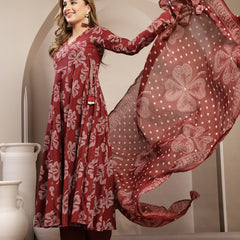 Gulmohar Jaipur Cotton Calf Length Printed 3/4 Sleeve V-Neck Flared Kurta Suit Set