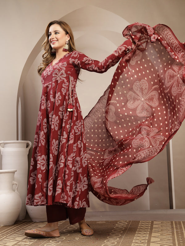 Gulmohar Jaipur Cotton Calf Length Printed 3/4 Sleeve V-Neck Flared Kurta Suit Set