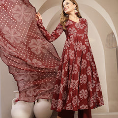 Gulmohar Jaipur Cotton Calf Length Printed 3/4 Sleeve V-Neck Flared Kurta Suit Set