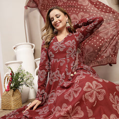 Gulmohar Jaipur Cotton Calf Length Printed 3/4 Sleeve V-Neck Flared Kurta Suit Set