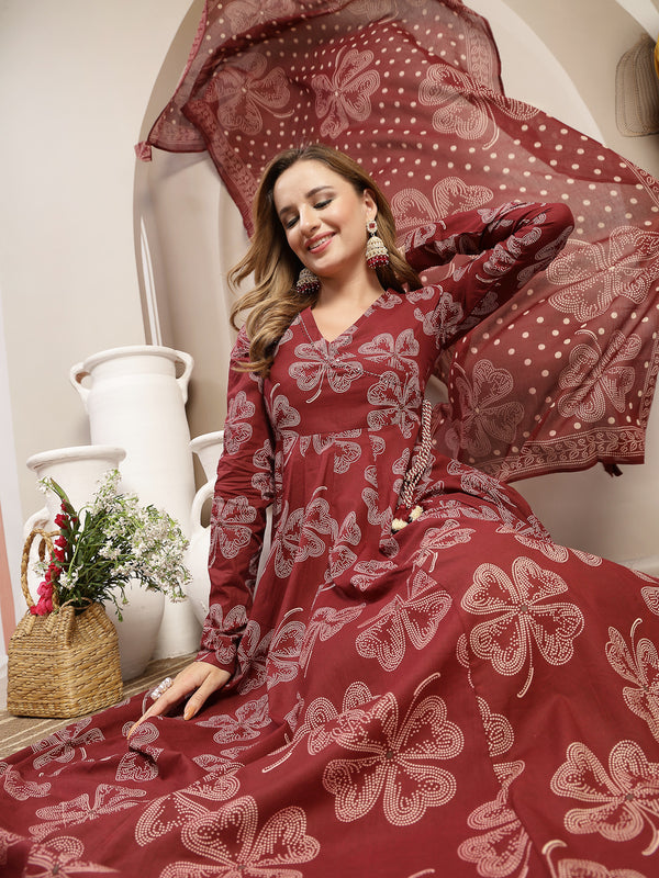 Gulmohar Jaipur Cotton Calf Length Printed 3/4 Sleeve V-Neck Flared Kurta Suit Set