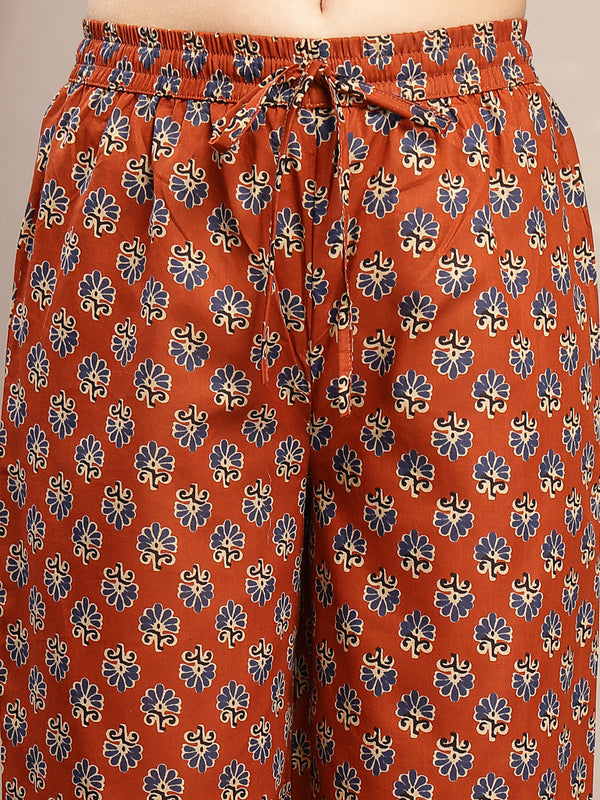 Gulmohar Jaipur Cotton Calf Length Printed 3/4 Sleeve Round Neck Flared Kurta Suit Set