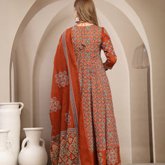 Gulmohar Jaipur Cotton Calf Length Printed 3/4 Sleeve Round Neck Flared Kurta Suit Set
