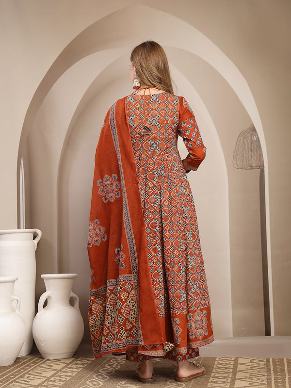 Gulmohar Jaipur Cotton Calf Length Printed 3/4 Sleeve Round Neck Flared Kurta Suit Set