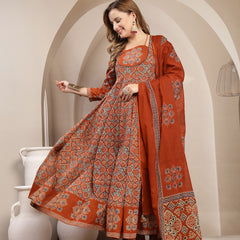Gulmohar Jaipur Cotton Calf Length Printed 3/4 Sleeve Round Neck Flared Kurta Suit Set