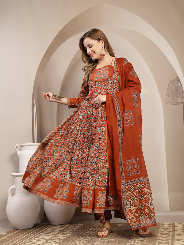 Gulmohar Jaipur Cotton Calf Length Printed 3/4 Sleeve Round Neck Flared Kurta Suit Set