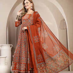 Gulmohar Jaipur Cotton Calf Length Printed 3/4 Sleeve Round Neck Flared Kurta Suit Set