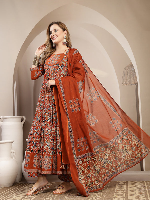 Gulmohar Jaipur Cotton Calf Length Printed 3/4 Sleeve Round Neck Flared Kurta Suit Set