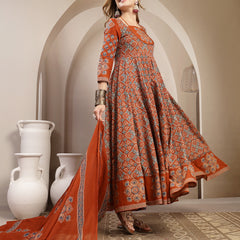 Gulmohar Jaipur Cotton Calf Length Printed 3/4 Sleeve Round Neck Flared Kurta Suit Set