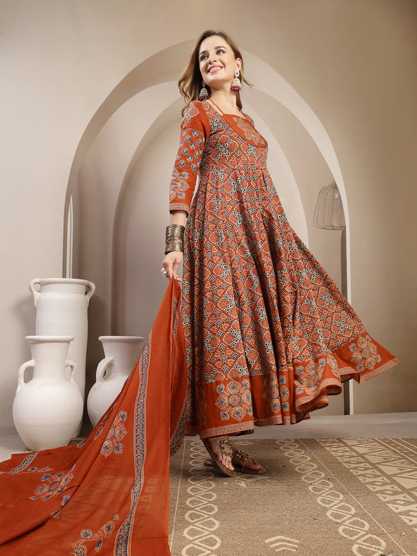 Gulmohar Jaipur Cotton Calf Length Printed 3/4 Sleeve Round Neck Flared Kurta Suit Set
