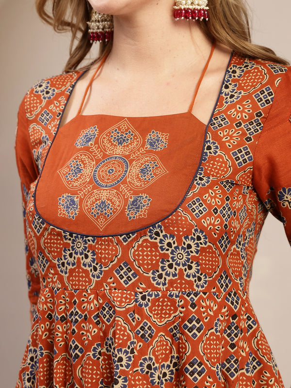 Gulmohar Jaipur Cotton Calf Length Printed 3/4 Sleeve Round Neck Flared Kurta Suit Set