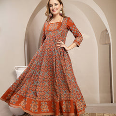 Gulmohar Jaipur Cotton Calf Length Printed 3/4 Sleeve Round Neck Flared Kurta Suit Set