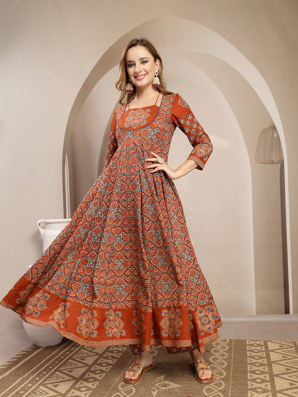 Gulmohar Jaipur Cotton Calf Length Printed 3/4 Sleeve Round Neck Flared Kurta Suit Set