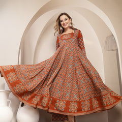 Gulmohar Jaipur Cotton Calf Length Printed 3/4 Sleeve Round Neck Flared Kurta Suit Set