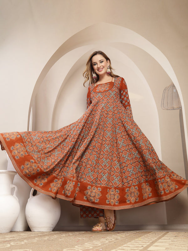 Gulmohar Jaipur Cotton Calf Length Printed 3/4 Sleeve Round Neck Flared Kurta Suit Set