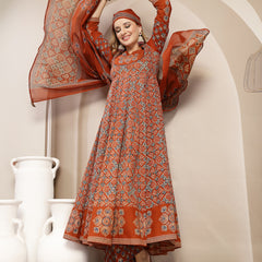 Gulmohar Jaipur Cotton Calf Length Printed 3/4 Sleeve Round Neck Flared Kurta Suit Set