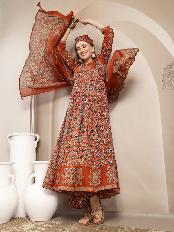 Gulmohar Jaipur Cotton Calf Length Printed 3/4 Sleeve Round Neck Flared Kurta Suit Set