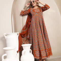 Gulmohar Jaipur Cotton Calf Length Printed 3/4 Sleeve Round Neck Flared Kurta Suit Set