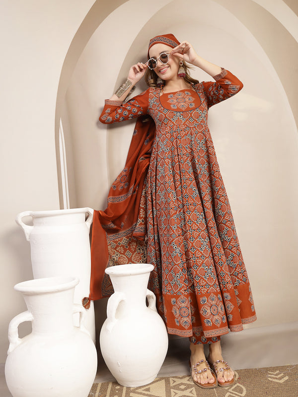 Gulmohar Jaipur Cotton Calf Length Printed 3/4 Sleeve Round Neck Flared Kurta Suit Set