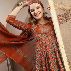 Gulmohar Jaipur Cotton Calf Length Printed 3/4 Sleeve Round Neck Flared Kurta Suit Set