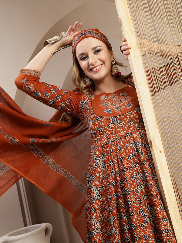 Gulmohar Jaipur Cotton Calf Length Printed 3/4 Sleeve Round Neck Flared Kurta Suit Set