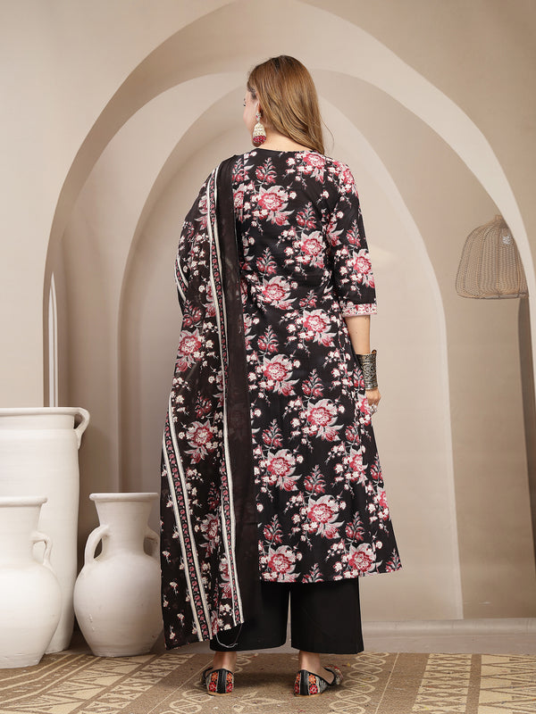 Gulmohar Jaipur Cotton Calf Length Printed 3/4 Sleeve V-Neck Flared Kurta Suit Set