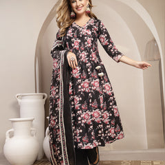 Gulmohar Jaipur Cotton Calf Length Printed 3/4 Sleeve V-Neck Flared Kurta Suit Set