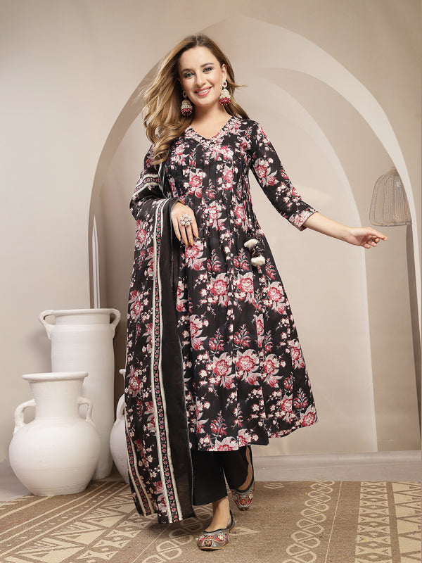 Gulmohar Jaipur Cotton Calf Length Printed 3/4 Sleeve V-Neck Flared Kurta Suit Set