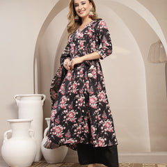 Gulmohar Jaipur Cotton Calf Length Printed 3/4 Sleeve V-Neck Flared Kurta Suit Set