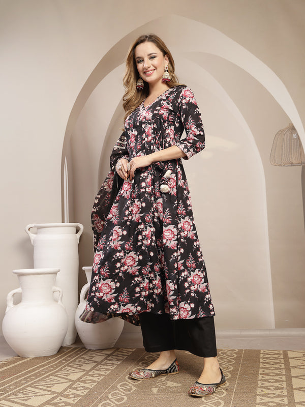 Gulmohar Jaipur Cotton Calf Length Printed 3/4 Sleeve V-Neck Flared Kurta Suit Set