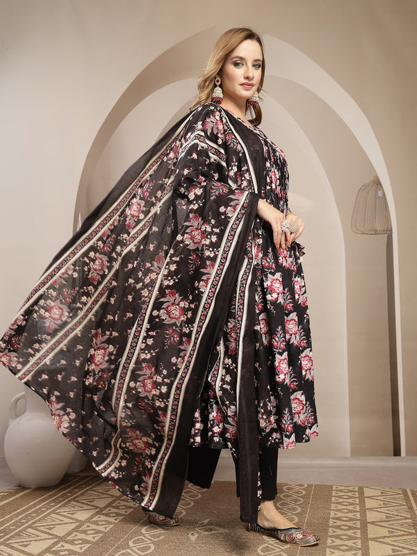 Gulmohar Jaipur Cotton Calf Length Printed 3/4 Sleeve V-Neck Flared Kurta Suit Set