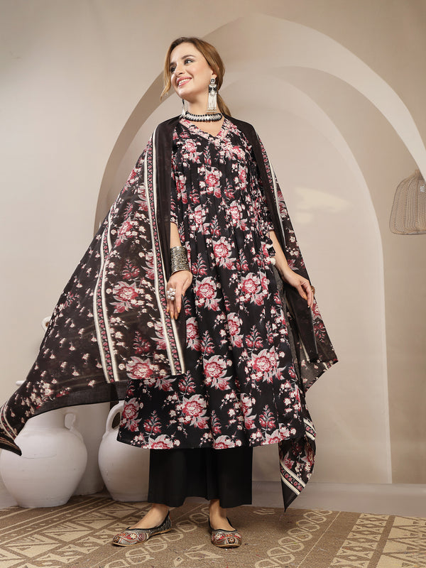 Gulmohar Jaipur Cotton Calf Length Printed 3/4 Sleeve V-Neck Flared Kurta Suit Set